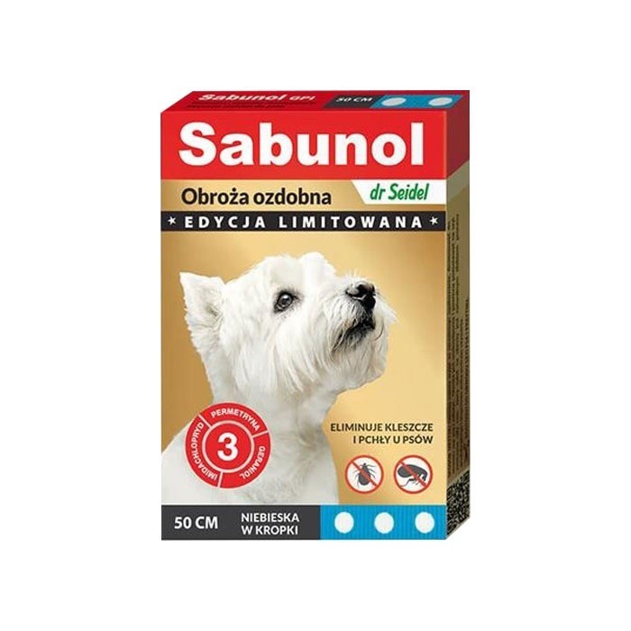 Preparaty lecznicze - Sabunol Obroża niebieska w kropki przeciw pchłom i kleszczom dla psa 50cm