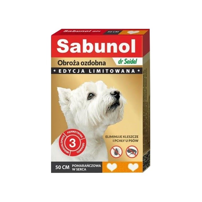 Preparaty lecznicze - Sabunol Obroża przeciw pchłom i kleszczom dla psa pomarańczowa w serca 50cm