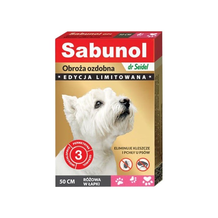 Preparaty lecznicze - Sabunol Obroża przeciw pchłom i kleszczom dla psa różowa w łapki 50cm
