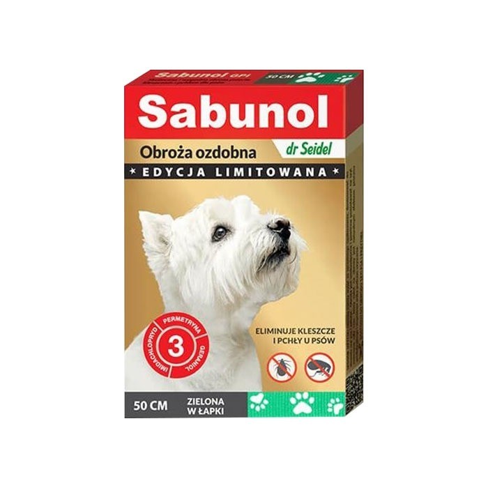 Preparaty lecznicze - Sabunol Obroża przeciw pchłom i kleszczom dla psa zielona w łapki 50cm