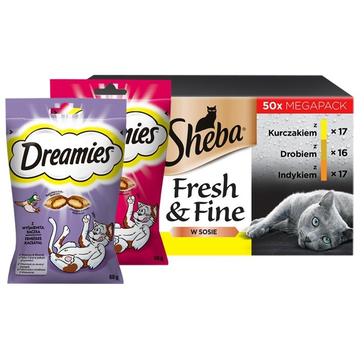 Karmy mokre dla kota - Sheba Fresh & Fine Drobiowe smaki w sosie 50 x 50g (multipak x 1) + Dreamies 2x60g