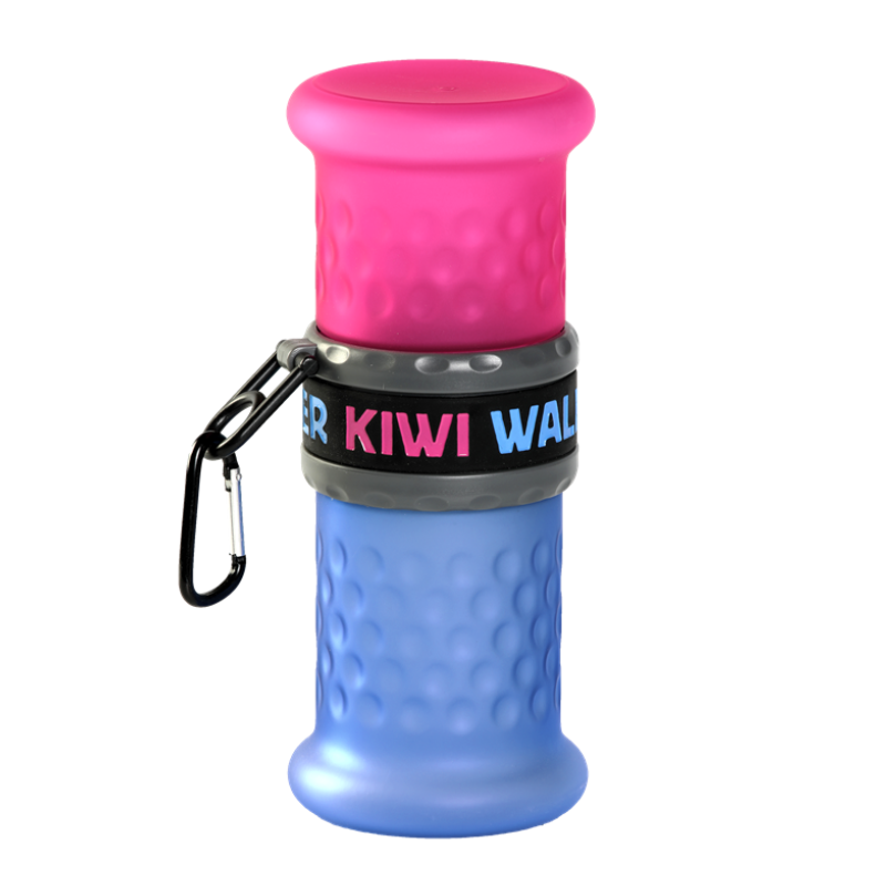 Miski i akcesoria do misek - Kiwi Walker Travel Bottle butelka podróżna 2w1 na wodę i karmę różowo-niebieska 500/700ml 24cm