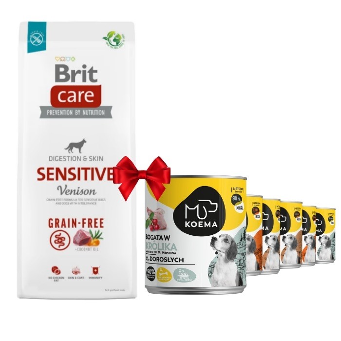 Karmy suche dla psa - Brit Care Grain-free Sensitive Venison 12kg + Koema mix 3 smaków 800g x 6