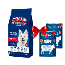 Butcher's Dry Blue z wołowiną 15kg + Butcher's Original Tripe ze żwaczem w pasztecie 2 x 400g GRATIS
