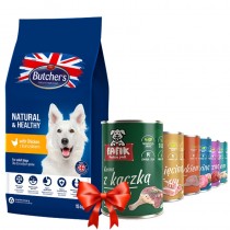 Butcher's Dry Blue z kurczakiem 15kg + Fafik karma mokra mix smaków 6x400g