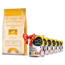 Fitmin Dog Mini Maintenance 12kg + Koema 90% mięsa mix 6 smaków 400g x 6