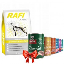 Rafi Classic z drobiem i ryżem 10kg + Fafik karma mokra mix smaków 400g x 6