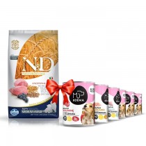 Farmina N&D Ancestral Grain Puppy Medium & Maxi Lamb & Blueberry 12kg + Koema Junior karma mokra 93% mięsa - 6x400g